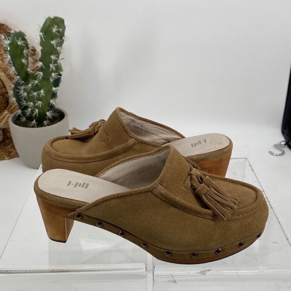 J.Jill Suede Boho Tassel Clog Slip-On Studded Block Heel Mule Tan Size 6
